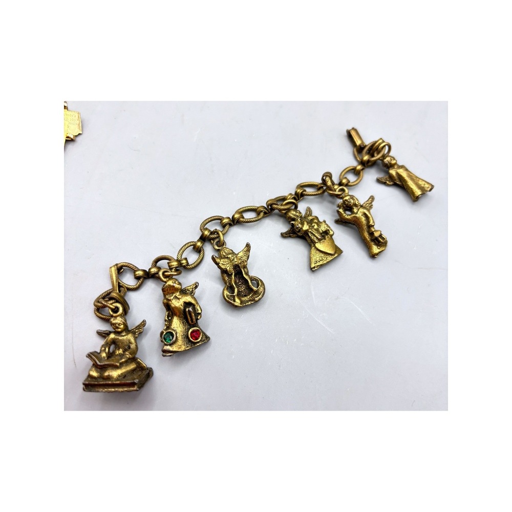 Vintage Art Angel Cherub Charm Bracelet Gold‎ Brass Tone Rhinestone